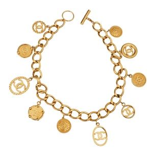 CHANEL LOGO COIN MEDALLION CHARM GOLD CHAIN NECKLACE BELT (1993) 26inch
